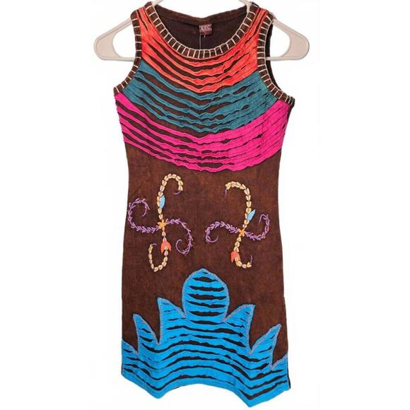 K.PC. Women's Handmade in Nepal Brown Bohemian Embroidered Dress Size Small - Picture 1 of 11